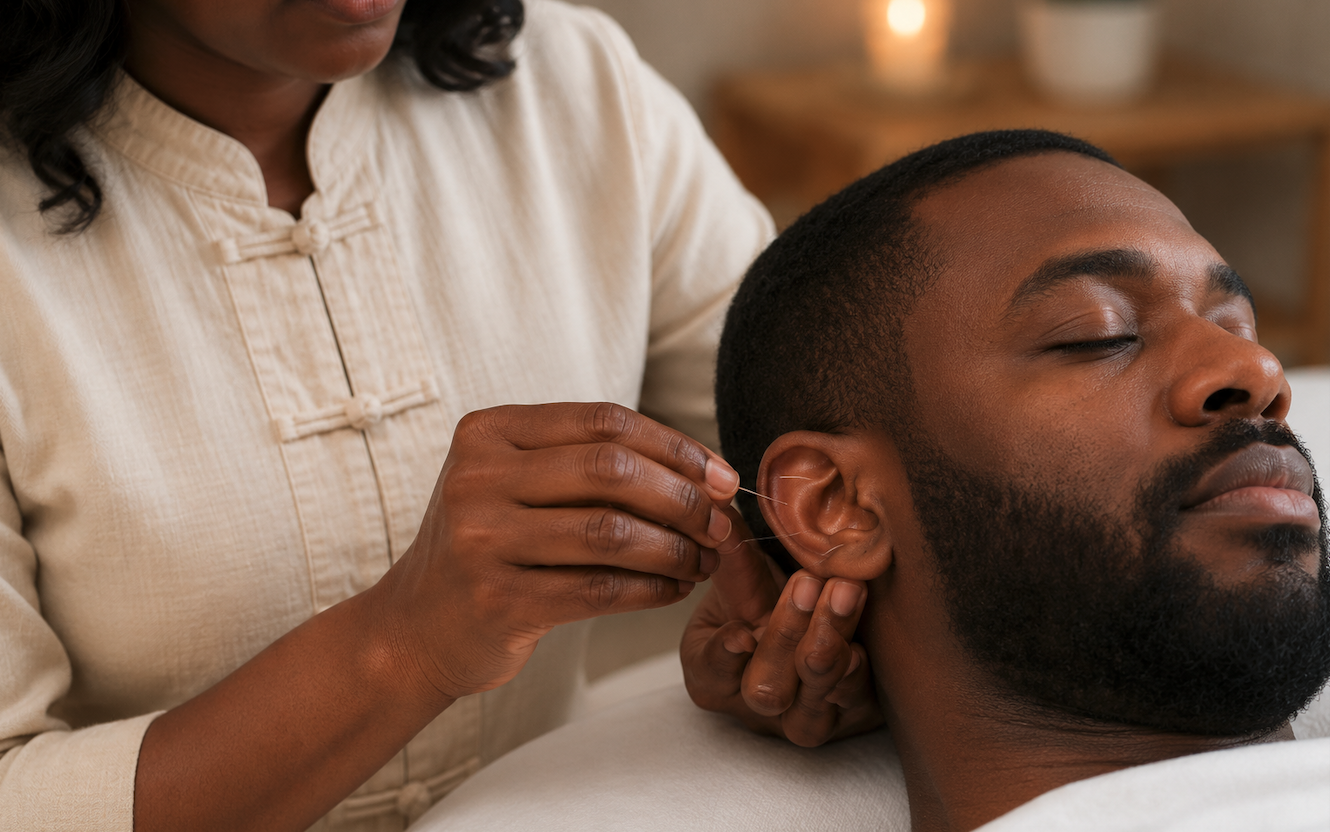 Auricular acupuncture treatment with fine needles placed around the ear