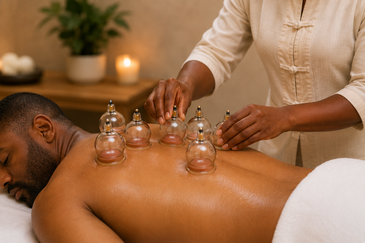 Cupping therapy with glass cups creating gentle suction on a patient’s back
