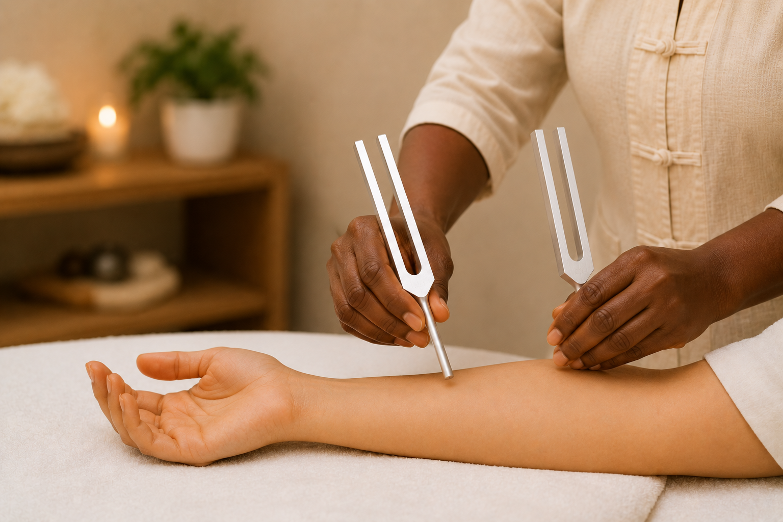 Tuning fork therapy applied to acupuncture points on a patient’s arm